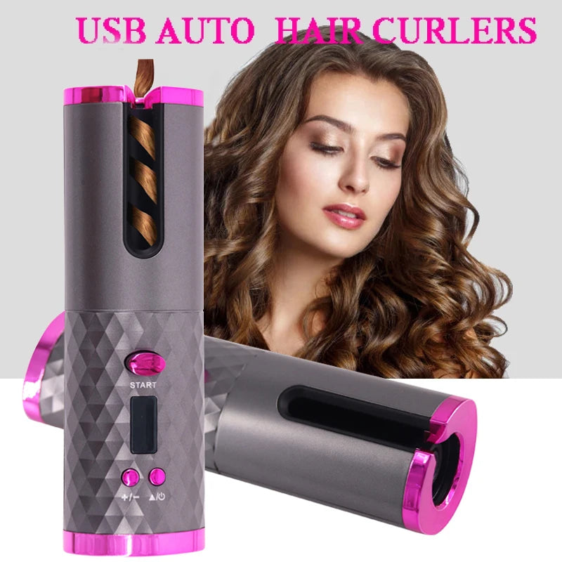 Curling Iron Cordless Automatic Hair Curler USB Rechargeable Curls Waves LCD Display Ceramic Curly Rotating Curling Wave Styer