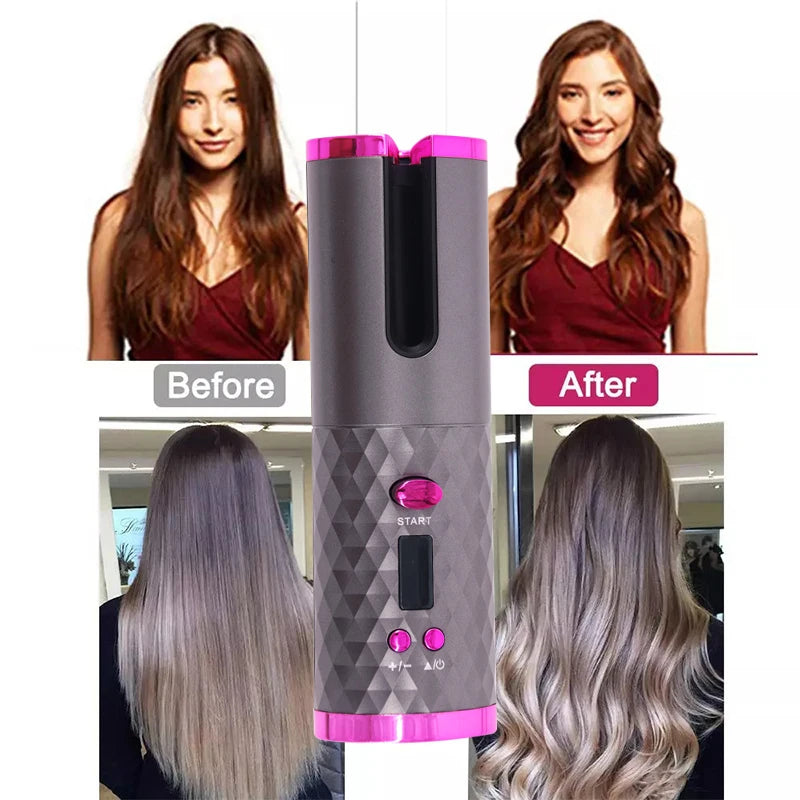 Curling Iron Cordless Automatic Hair Curler USB Rechargeable Curls Waves LCD Display Ceramic Curly Rotating Curling Wave Styer